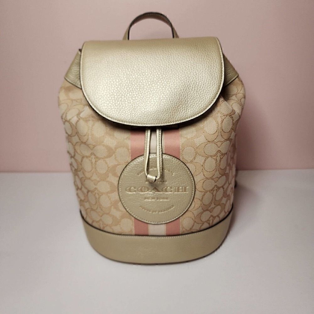 NWT Coach CF386 Dempsey Drawstring Backpack Jacquard Metallic Soft Gold